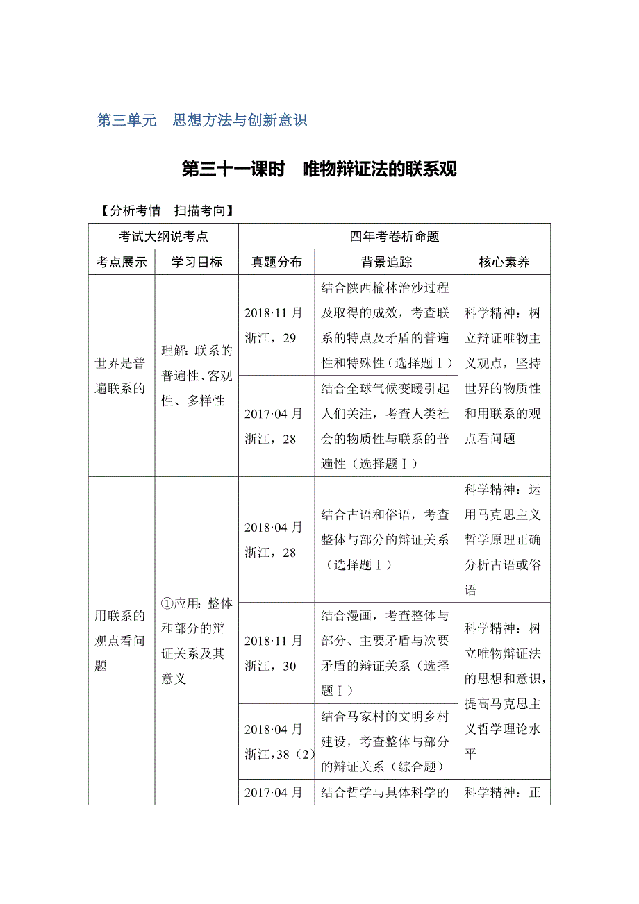 2020版政治浙江高考新选考一轮复习讲义：必修四 第三单元 第三十一课时 唯物辩证法的联系观 WORD版含答案.doc_第1页