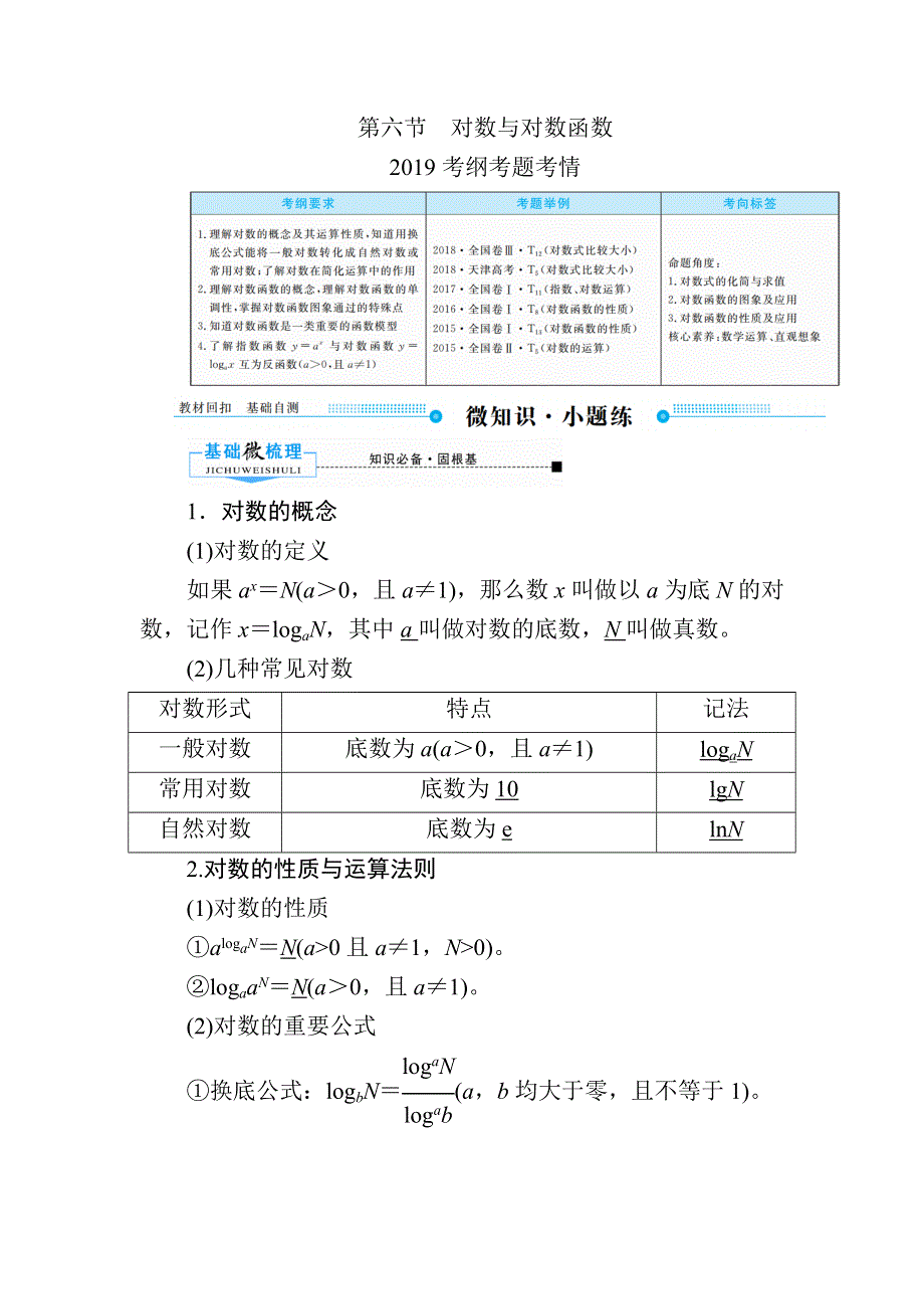 2020版《微点教程》高考人教A版理科数学一轮复习文档：第二章 第六节　对数与对数函数 WORD版含答案.docx_第1页