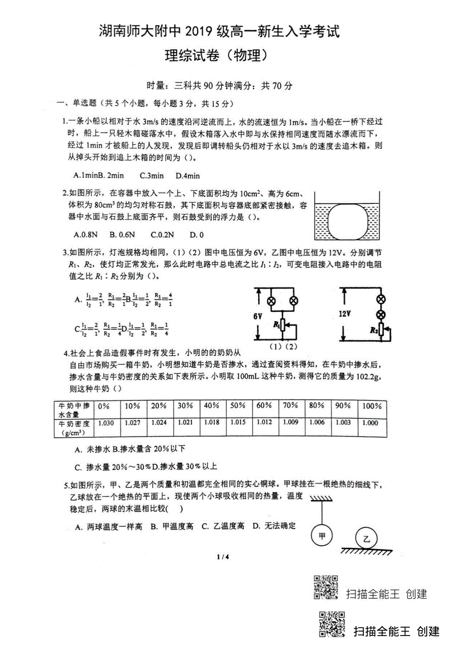 湖南省师大附中2019级高一新生入学物理考试卷 PDF版含答案.pdf_第1页