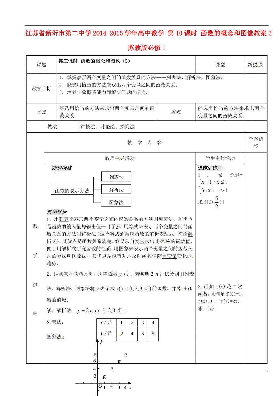 江苏省新沂市第二中学2014-2015学年高中数学 第10课时 函数的概念和图像教案3 苏教版必修1.doc_第1页