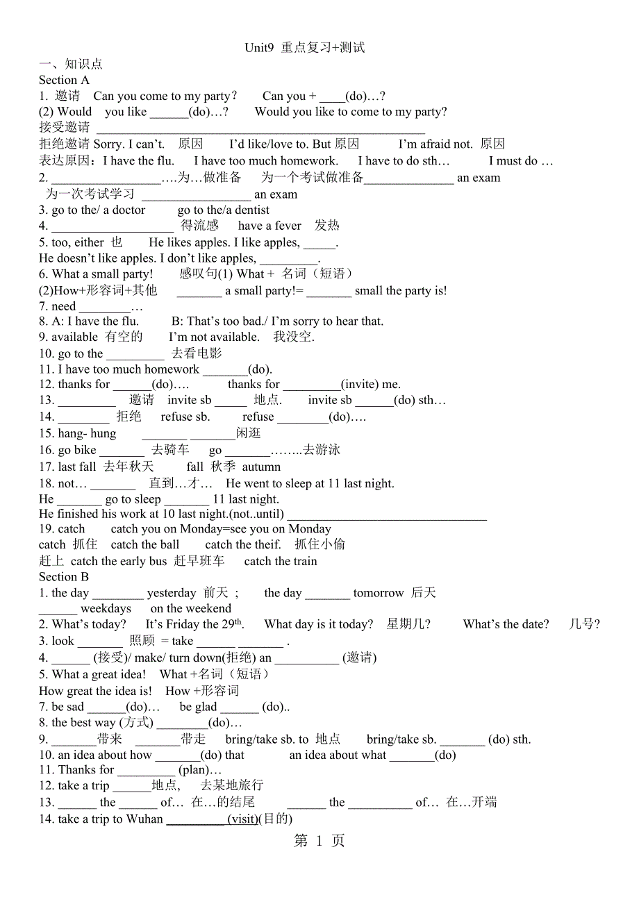 人教八年级上Unit9重点复习+测试（无答案）.doc_第1页