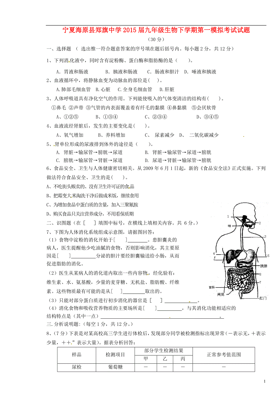 宁夏海原县郑旗中学2015届九年级生物下学期第一模拟考试试题（无答案）.doc_第1页