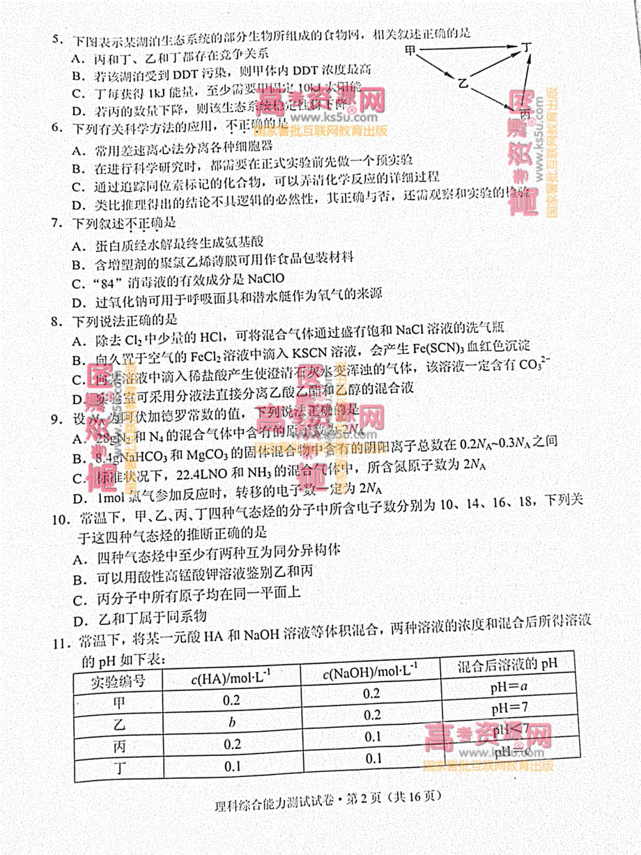 《首发2013云南省一模》2013年云南省第一次高中毕业复习统一检测 理综 PDF版含答案.pdf_第2页