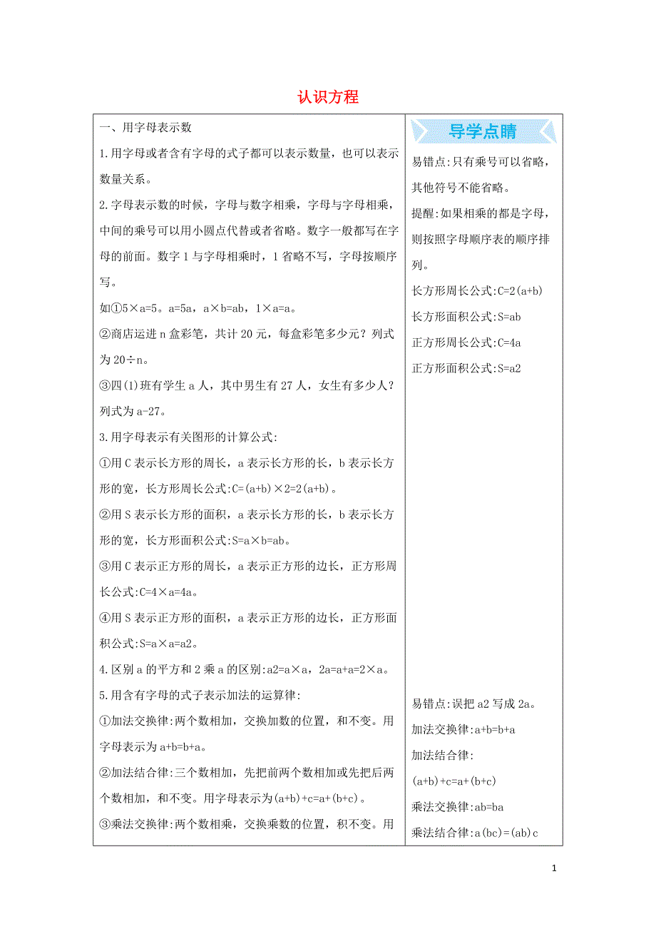 四年级数学下册五认识方程知识清单素材北师大版.docx_第1页