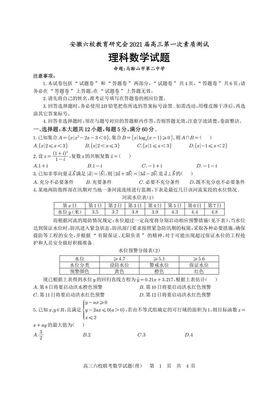 安徽省六校教育研究会2021届高三第一次素质测试理科数学试题 PDF版缺答案.pdf_第1页