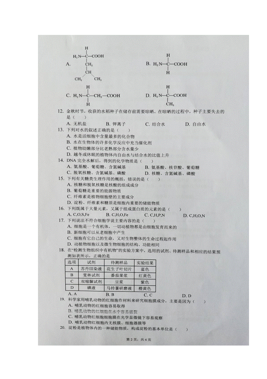 安徽省凤阳县第二中学2019-2020学年高一上学期期中考试生物试题 扫描版含答案.doc_第2页