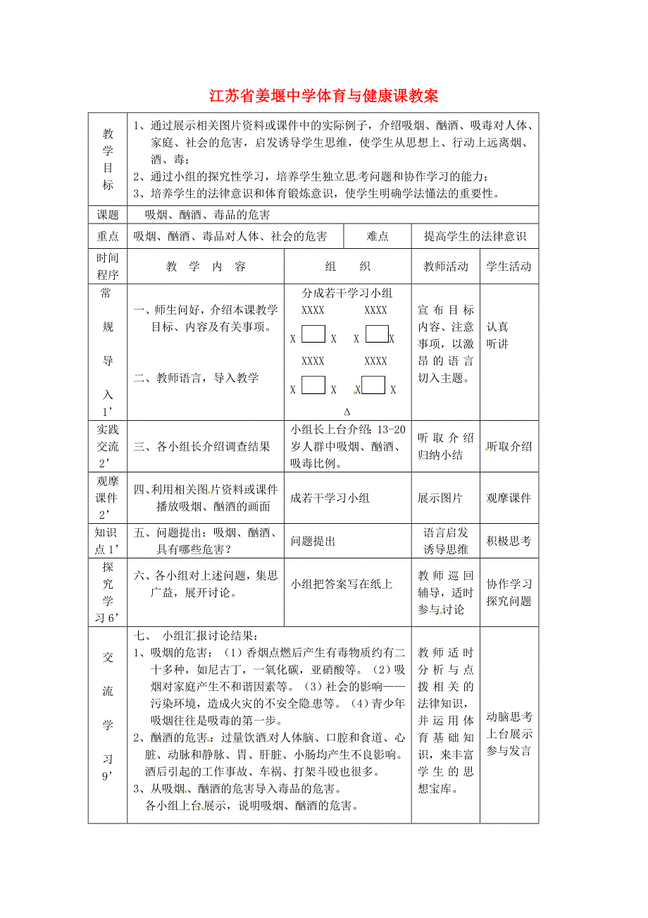 江苏省姜堰中学高一体育与降吸烟酗酒毒品的危害教案.doc_第1页