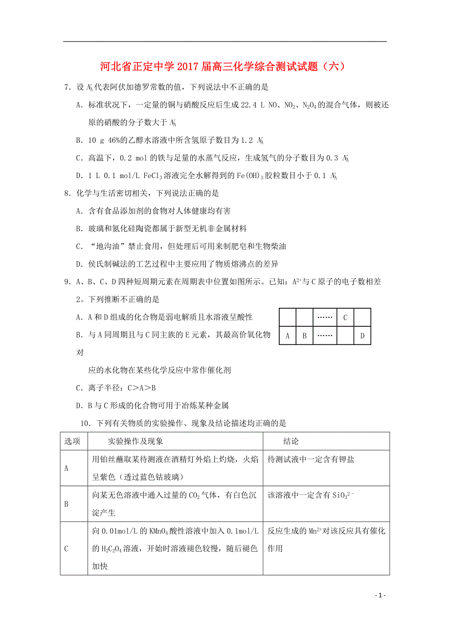 河北省正定中学2017届高三化学综合测试试题六201808270247.doc_第1页