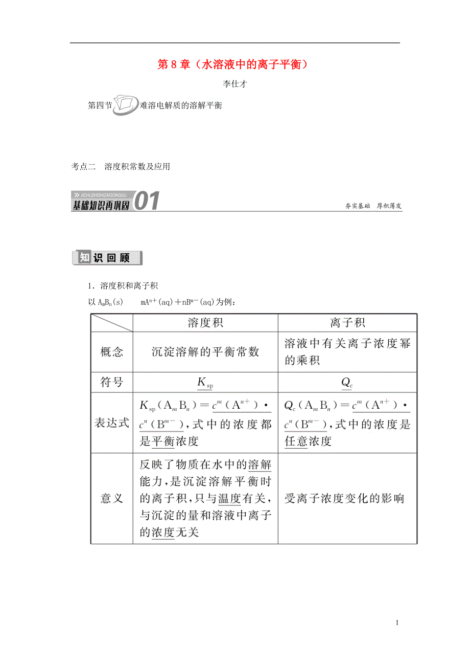 2019高考化学第8章水溶液中的离子平衡第4节难溶电解质的溶解平衡考点2溶度积常数及应用讲与练含解析.doc_第1页