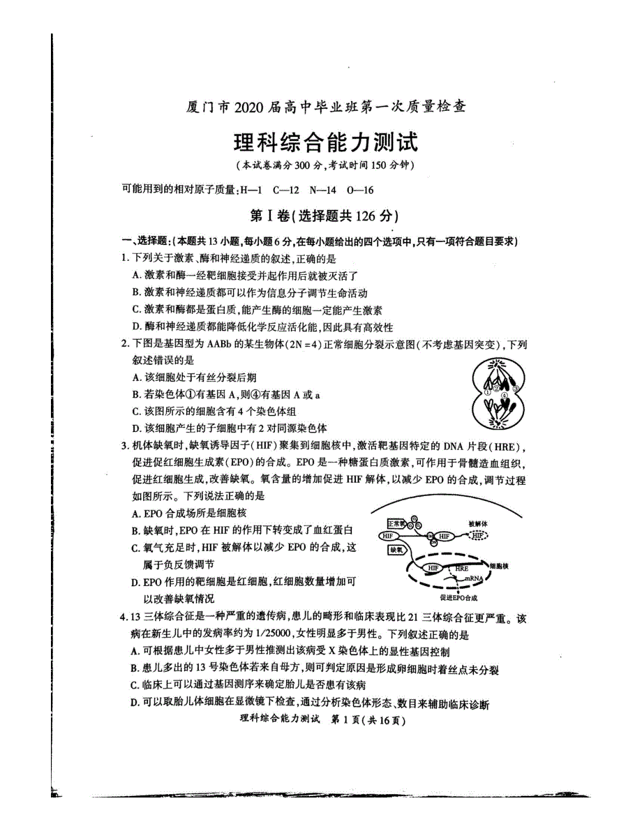 福建省厦门市2020届高三理综第一次质量检查试题（PDF）.pdf_第1页