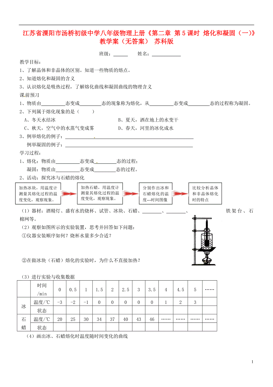 江苏省溧阳市汤桥初级中学八年级物理上册《第二章 第5课时 熔化和凝固（一）》教学案（无答案） 苏科版.doc_第1页