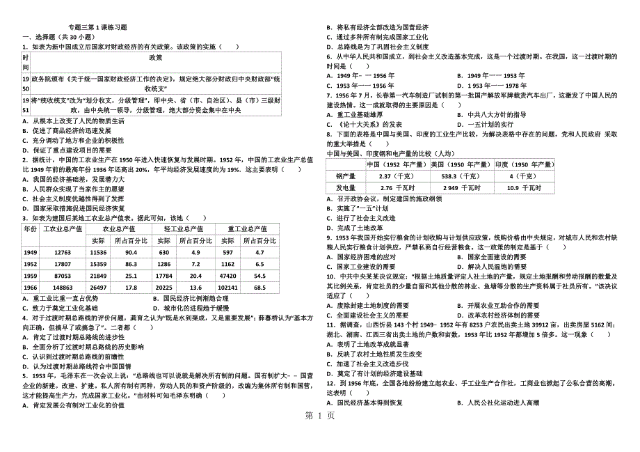 人民版必修二专题三第一节社会主义建设在探索中曲折发展测试题.doc_第1页