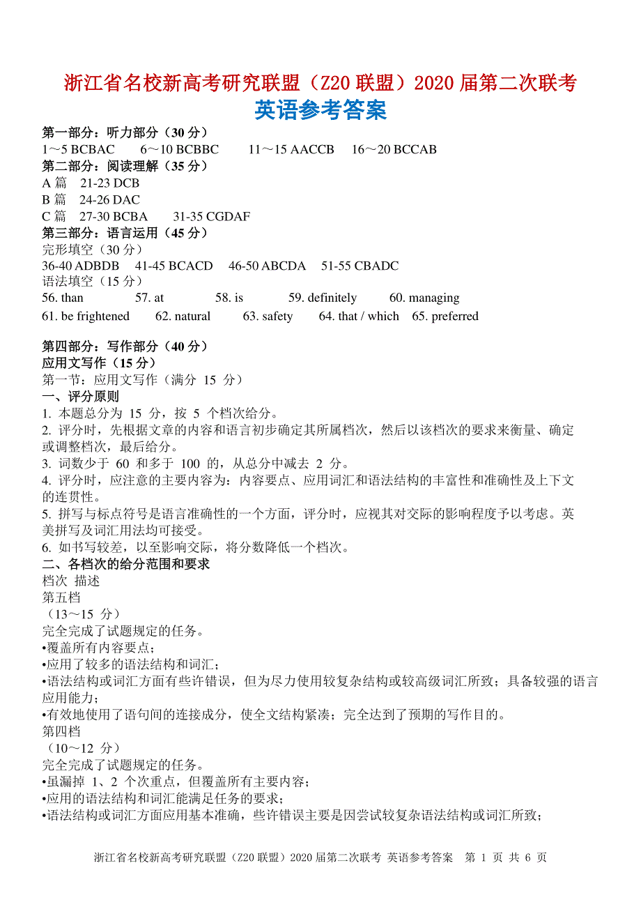 浙江省名校新高考研究联盟（Z20联盟）2020届高三英语12月第二次联考试题（PDF）答案.pdf_第1页