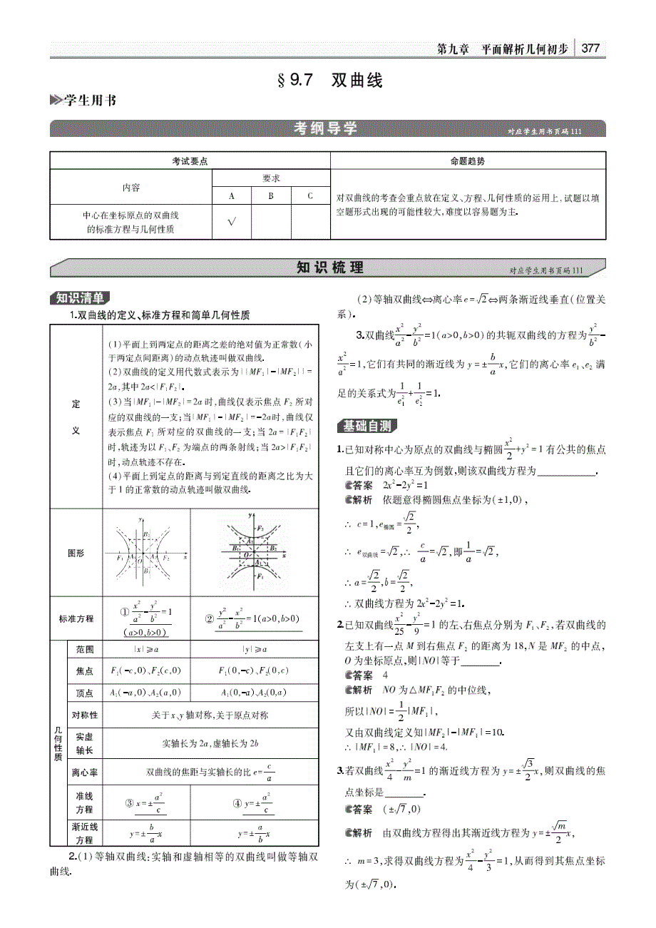 【3年高考2年模拟】2015届高考数学 专题讲解与精炼 第九章平面解析几何初步7、双曲线（pdf含解析）.pdf_第1页