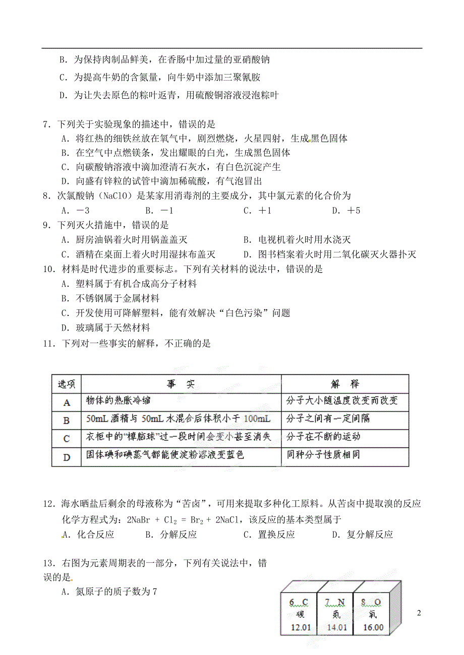 山东省青岛市初级中学2011届九年级化学学业水平模拟（三）考试试题（无答案） 新人教版.doc_第2页