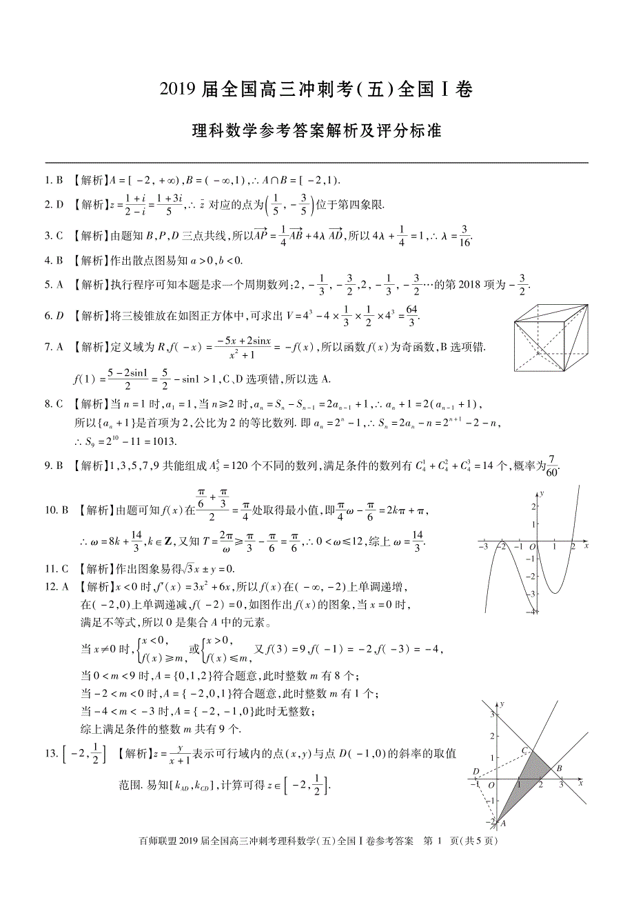 （全国I卷）百师联盟2019届高三数学冲刺考试题（五）理（PDF）答案.pdf_第1页