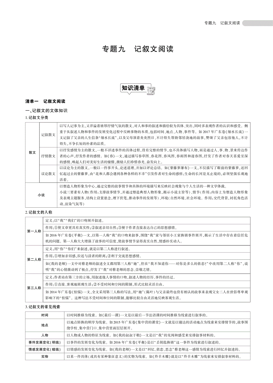 2020中考语文备考知识清单梳理专题九记叙文阅读pdf.pdf_第1页