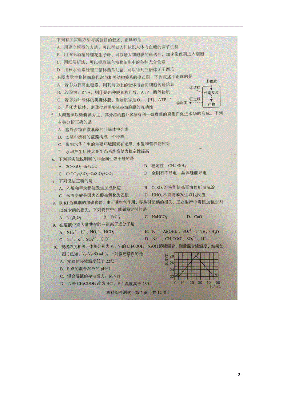 福建省龙岩市2015届高三理综3月质量检查试卷（扫描版）.doc_第2页