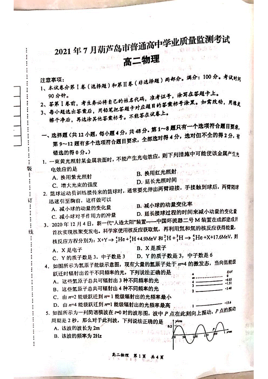 辽宁省葫芦岛市普通高中2020-2021学年高二物理下学期期末学业质量监测试题（PDF）.pdf_第1页