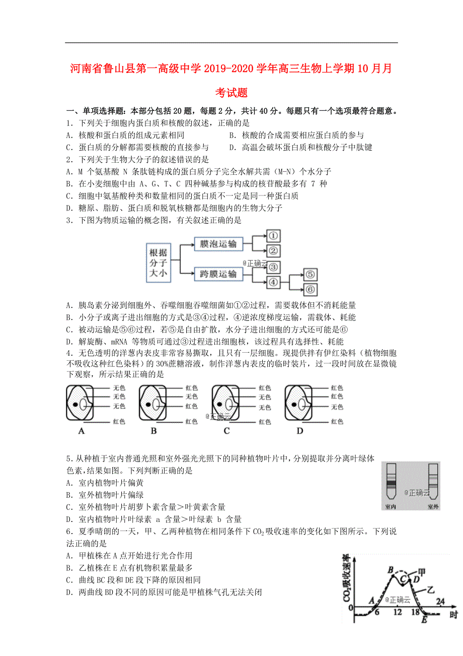 河南省鲁山县第一高级中学2019_2020学年高三生物上学期10月月考试题202001080352.doc_第1页