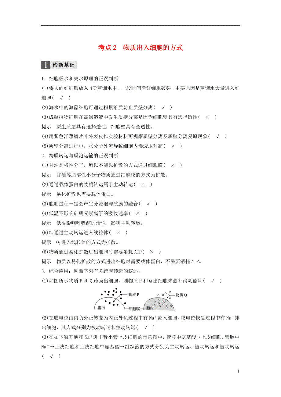 浙江鸭2018年高考生物二轮专题复习专题二ATP酶与物质运输考点2物质出入细胞的方式讲练新人教版.doc_第1页