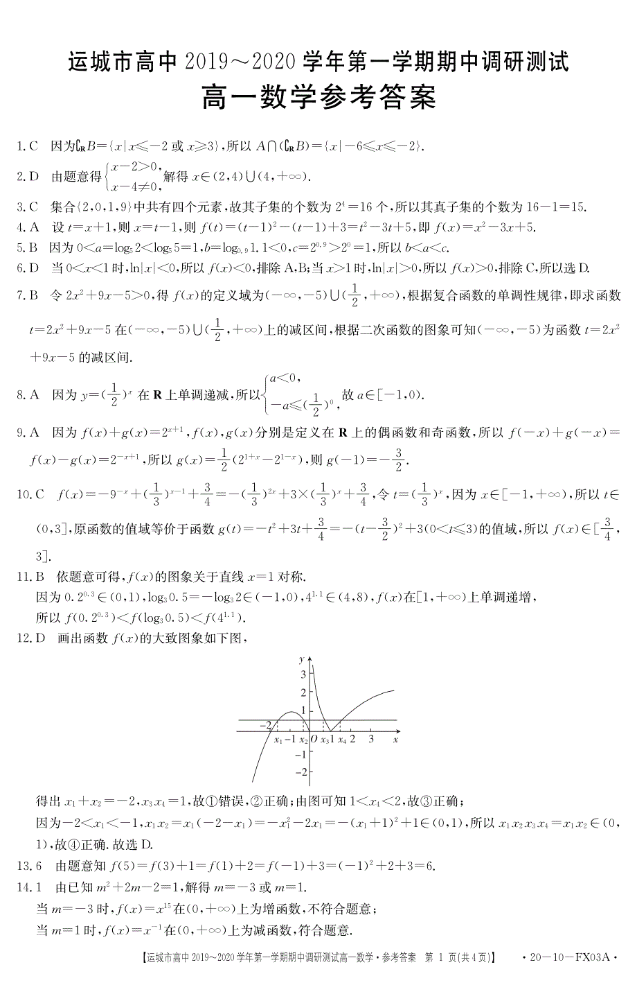 山西省运城市2019-2020学年高一上学期期中调研测试数学答案.pdf_第1页