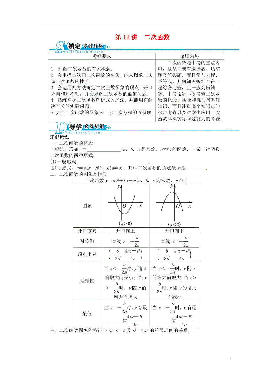 【备考2014 志鸿优化设计】2013版中考数学总复习 基础讲练 第12讲 二次函数（含答案点拨） 新人教版.doc_第1页