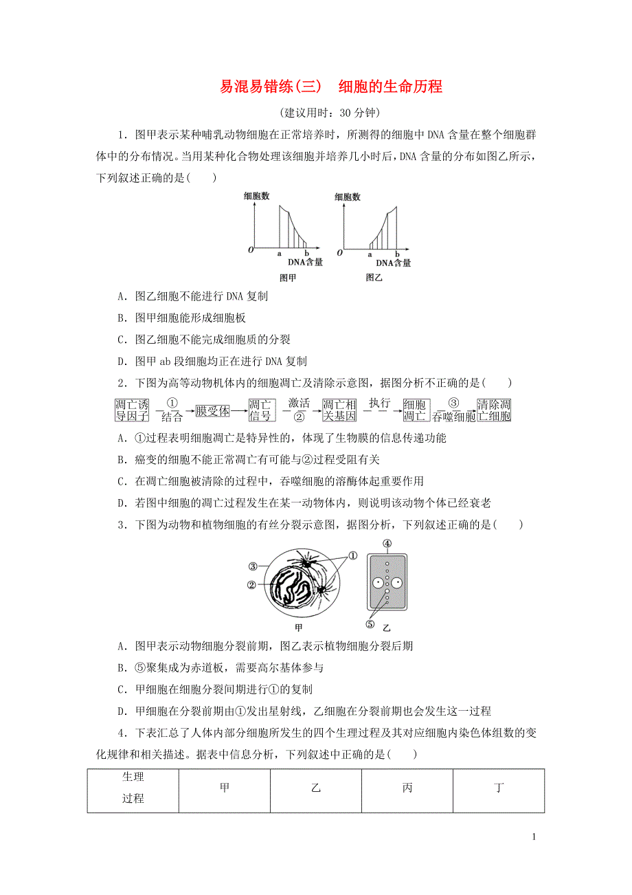 新高考2020高考生物二轮复习第二部分易混易错练易混易错练三细胞的生命历程.doc_第1页
