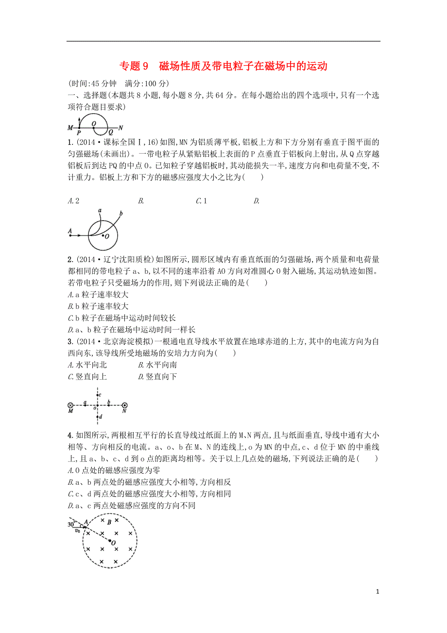 【志鸿优化设计】2015高考物理二轮总复习 专项能力训练 专题9 磁场性质及带电粒子在磁场中的运动（含解析）.doc_第1页