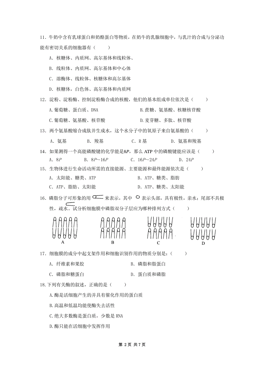 陕西省黄陵中学2019-2020学年高一生物上学期期末考试试题（重点班PDF）.pdf_第2页