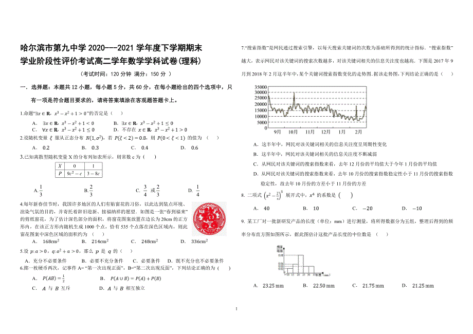 黑龙江省哈尔滨市第九中学2020-2021学年高二数学下学期期末考试试题（PDF） 理.pdf_第1页