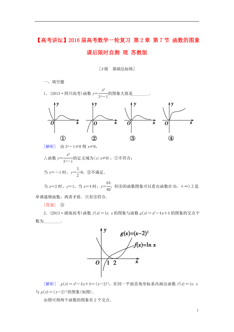 【高考讲坛】2016届高考数学一轮复习 第2章 第7节 函数的图象课后限时自测 理 苏教版.doc_第1页