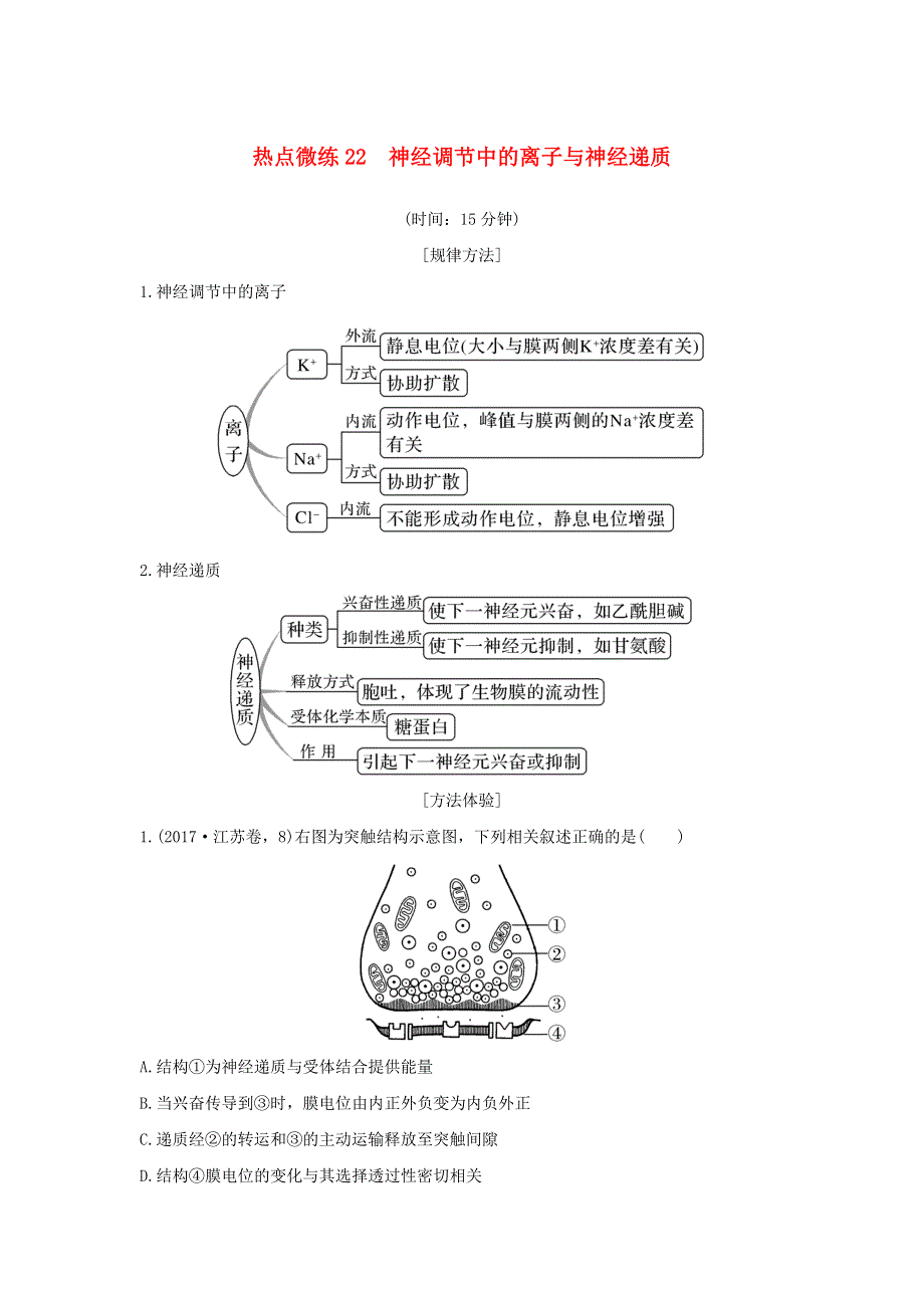 (新高考版)高考生物30个热点微练22　神经调节中的离子与神经递质.docx_第1页