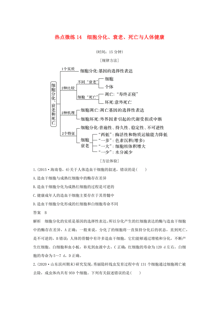 (新高考版)高考生物30个热点微练14　细胞分化、衰老、死亡与人体健康.docx_第1页