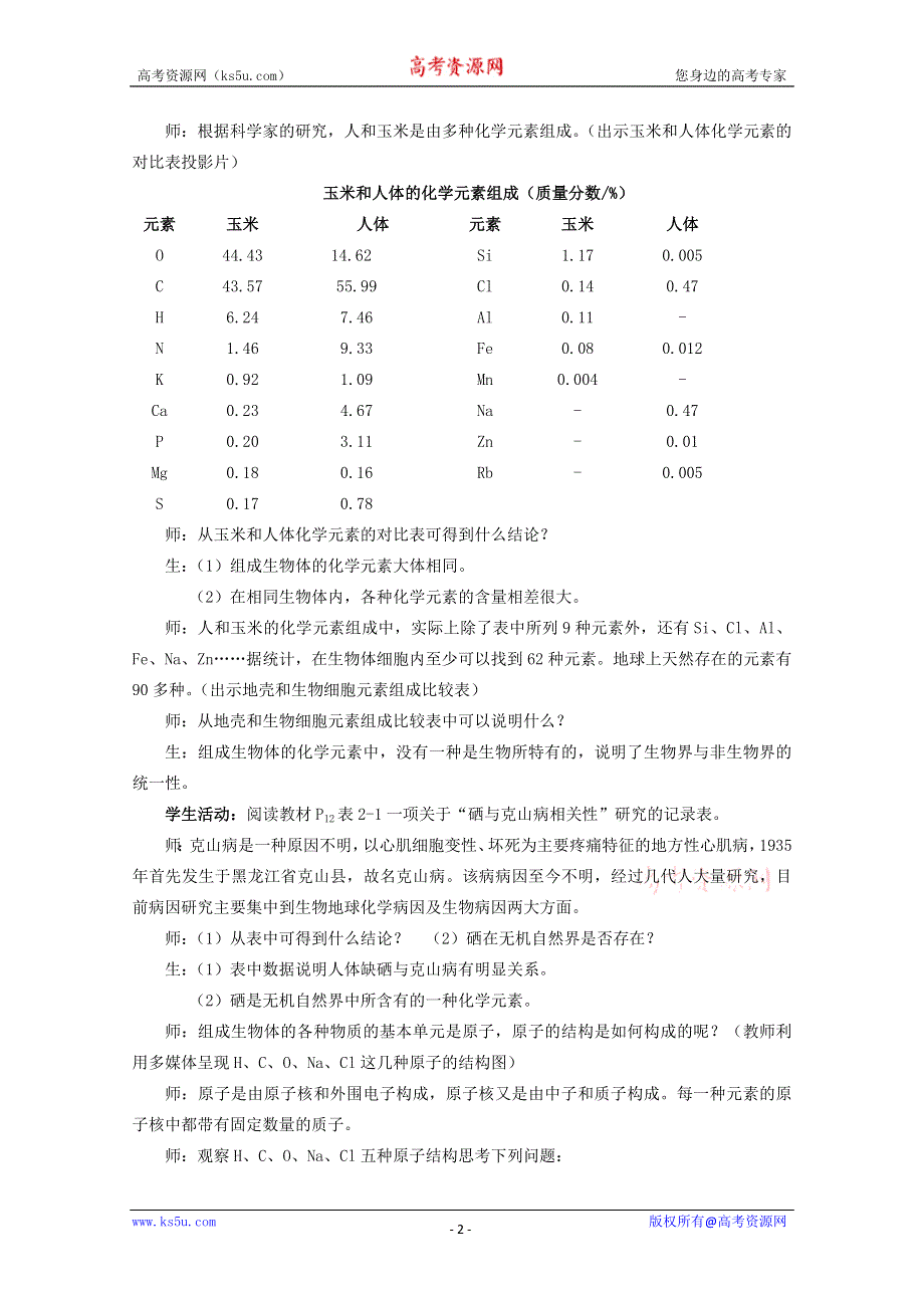 (苏教版)高中生物必修1教案第2章第1节 组成细胞的原子和分子 教案.doc_第2页