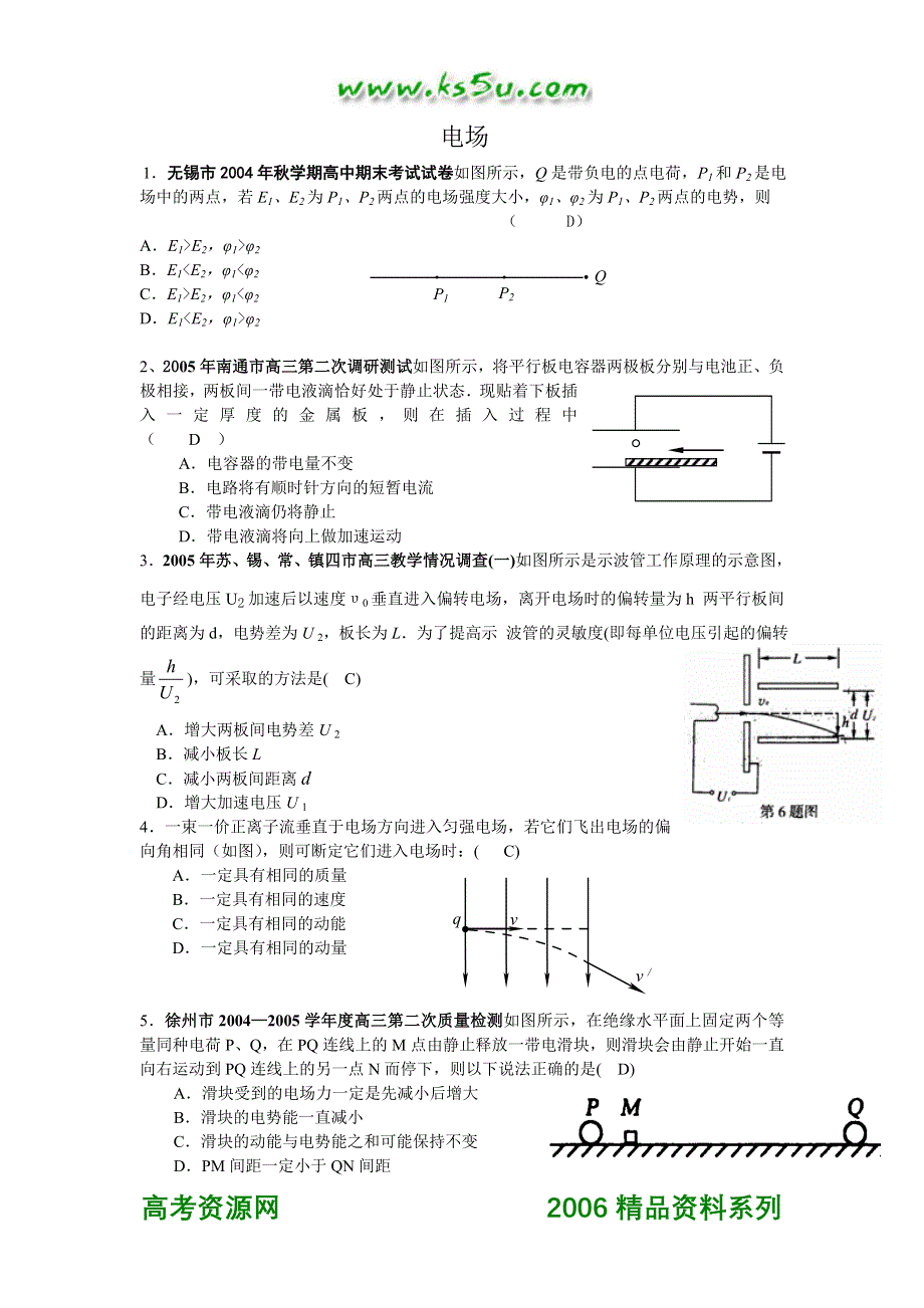 05年江苏省各地高考模拟试题（含答案）集锦四 电场.doc_第1页