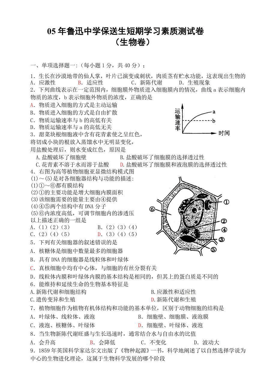 05年鲁迅中学保送生短期学习素质测试卷（生物卷）.doc_第1页