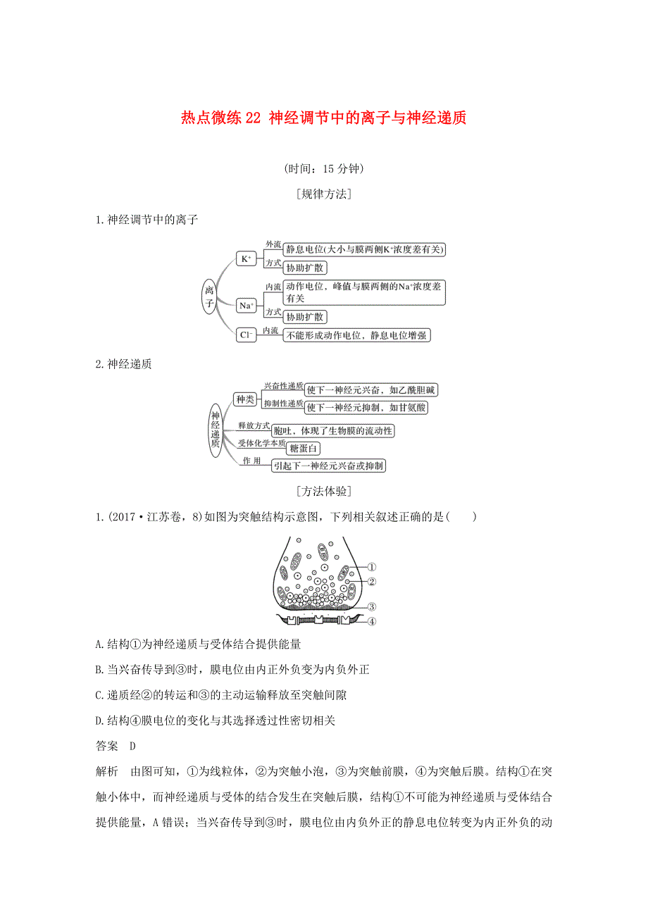 (通用版)高考生物30个热点微练22 神经调节中的离子与神经递质.docx_第1页