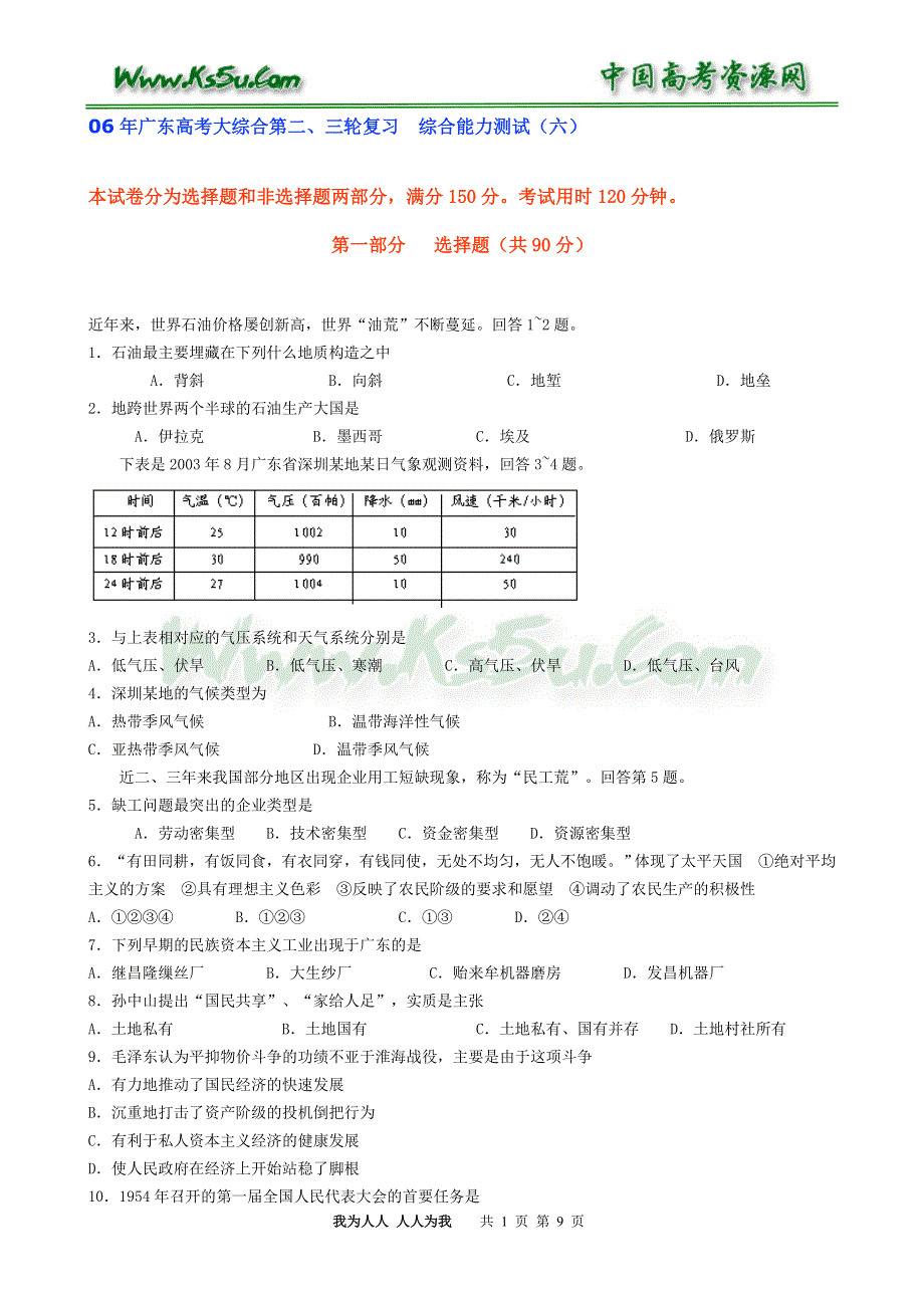 06年广东高考大综合第二、三轮复习　综合能力测试（六）..doc_第1页