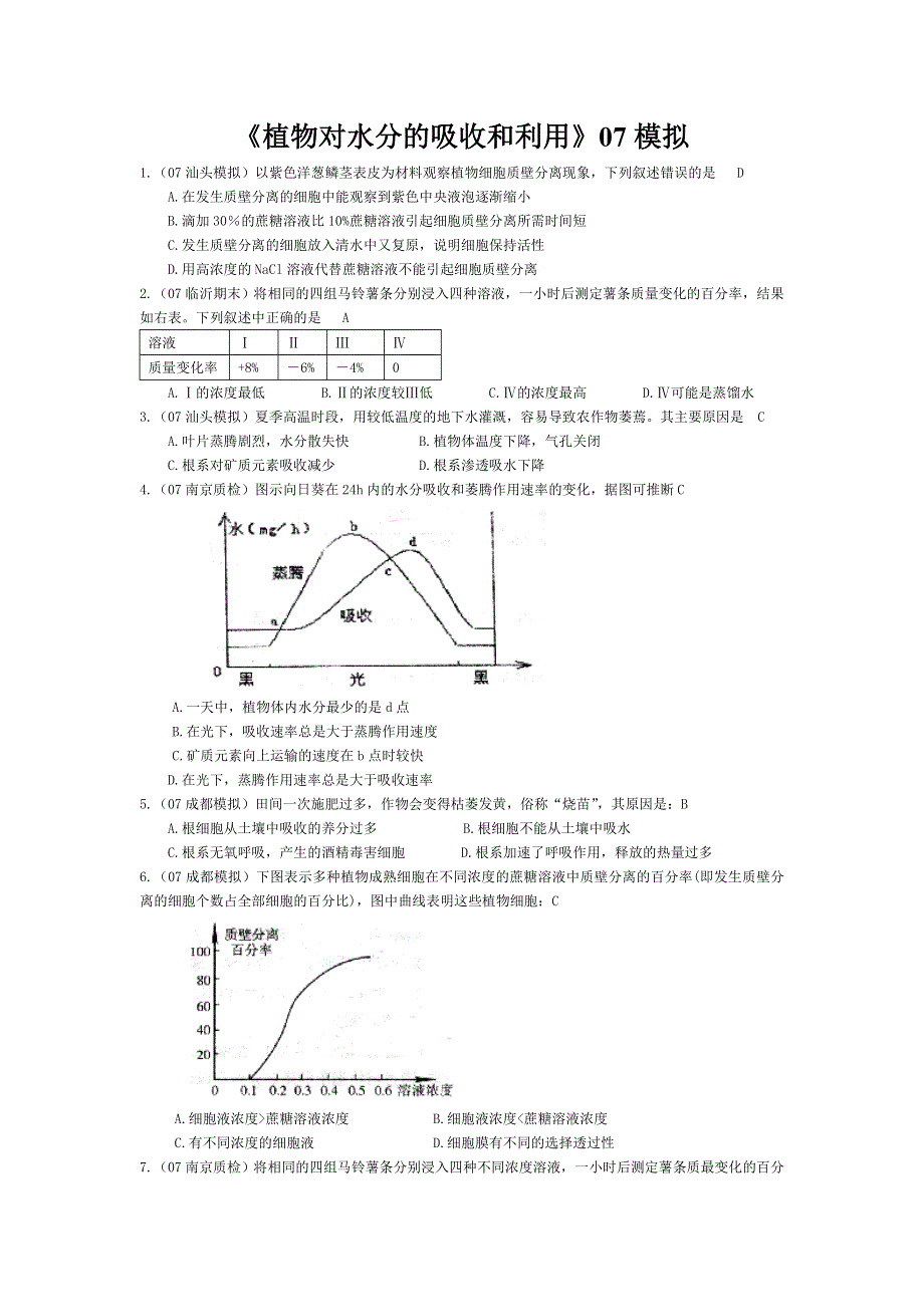 07届高考模拟《植物对水分的吸收和利用》试题.doc_第1页