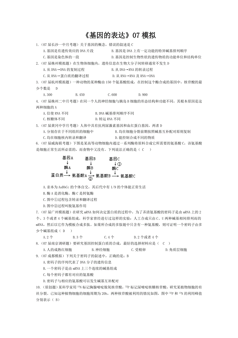 07届高考模拟《基因的表达》试题.doc_第1页