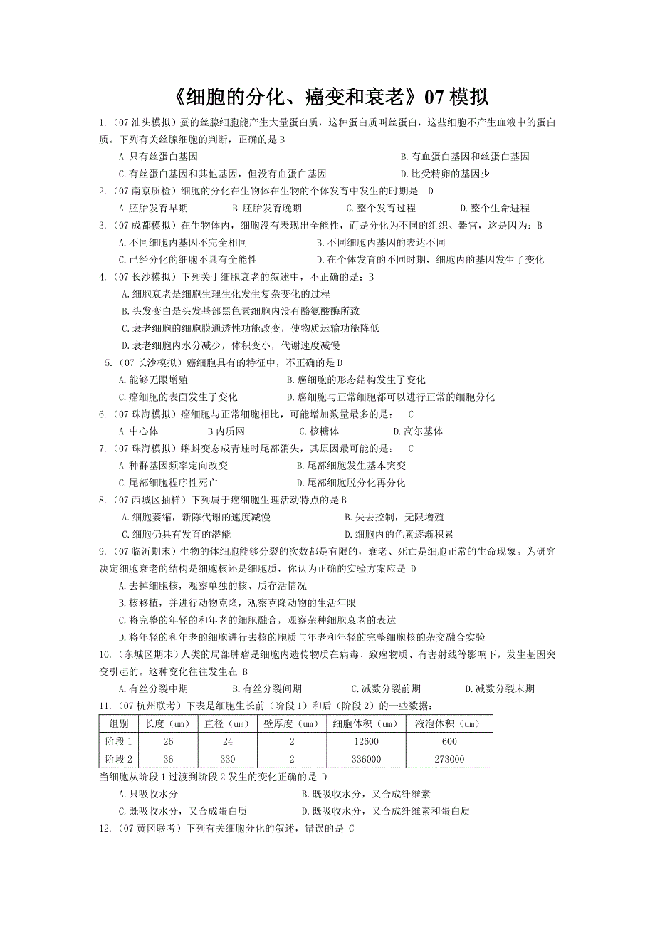 07届高考模拟《细胞的分化、癌变和衰老》试题.doc_第1页