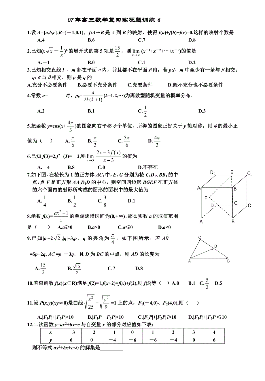 07年高三数学复习客观题训练06.doc_第1页