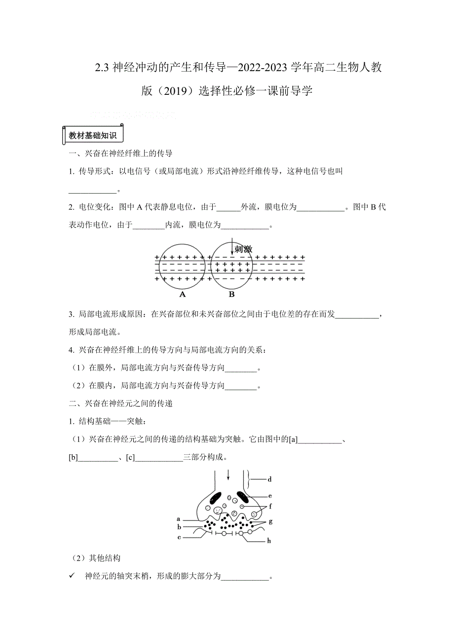 2-3神经冲动的产生和传导—2022-2023学年高二生物人教版（2019）选择性必修一课前导学 WORD版.doc_第1页