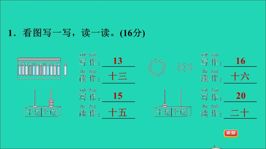 2021一年级数学上册 七 11-20各数的认识阶段小达标8课件 冀教版.ppt_第3页