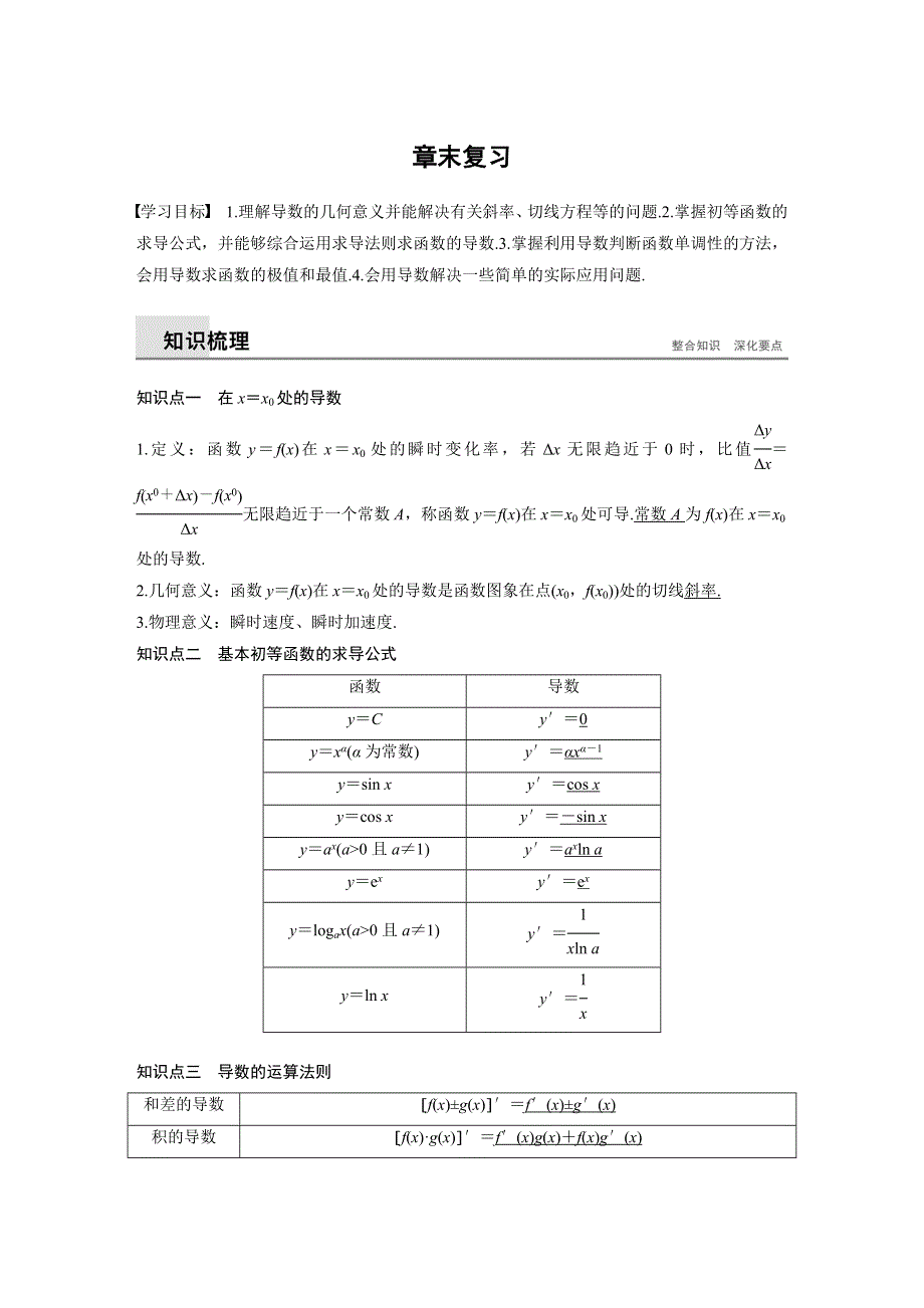 2018-2019数学新学案同步精致讲义选修1-1苏教版：第3章 导数及其应用章末复习 WORD版含答案.docx_第1页