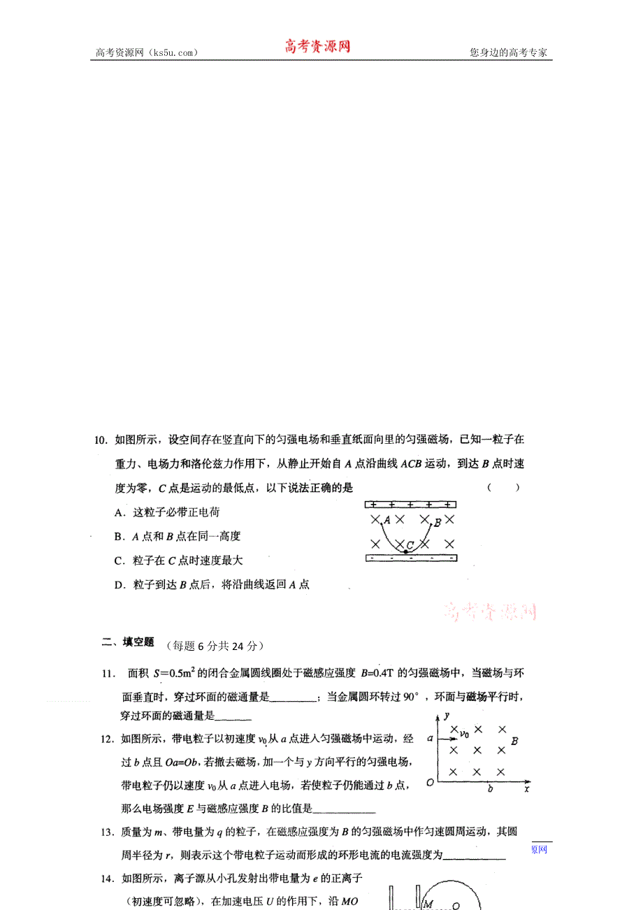 (新人教)2012届高三物理一轮复习复习学案3.1.3《磁场》章末测试.doc_第2页