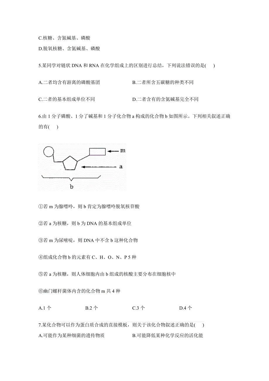 020-2021学年高一生物人教版必修一同步课时作业 （6）遗传信息的携带者__核酸 WORD版含解析.doc_第2页