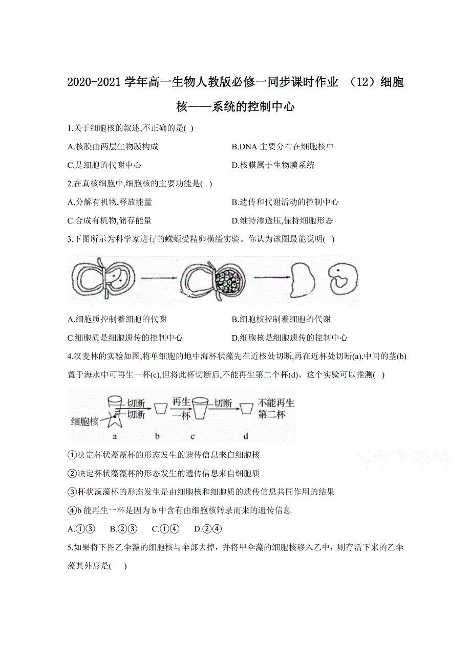 020-2021学年高一生物人教版必修一同步课时作业 （12）细胞核__系统的控制中心 WORD版含解析.doc_第1页