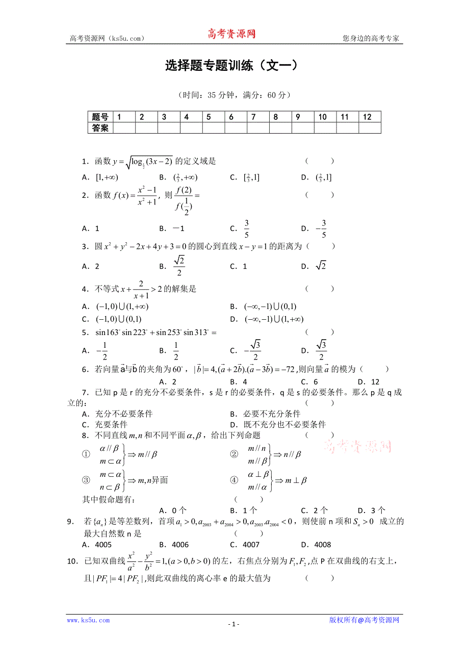 (新人教A) 高三数学第二轮复习选择题专题训练（文1）.doc_第1页